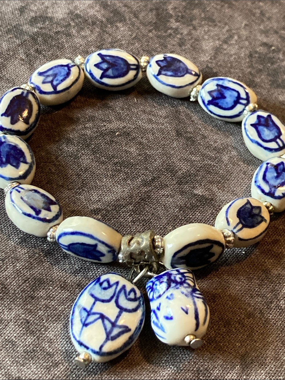 Blue and White Ceramic Bead Bracelet with Charms